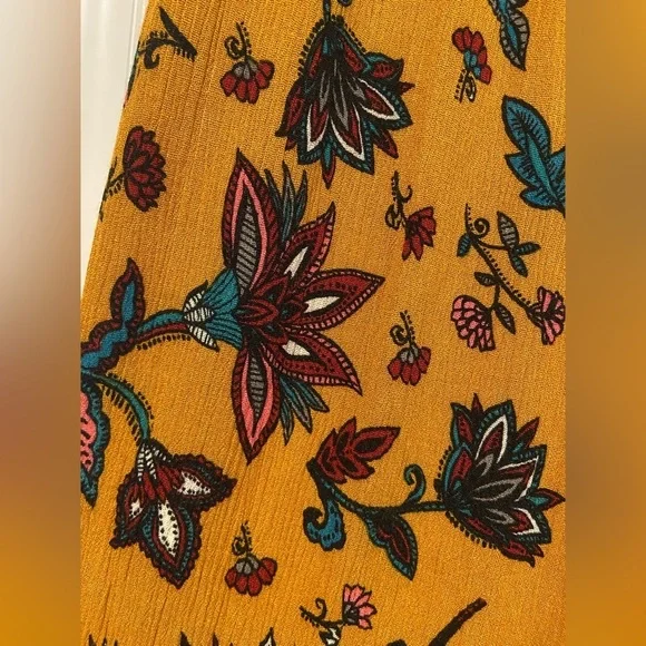 BBJ Los Angeles Mustard Fleur De Lis Flowy Wide Leg Boho Belted Pants Size L - Picture 8 of 13